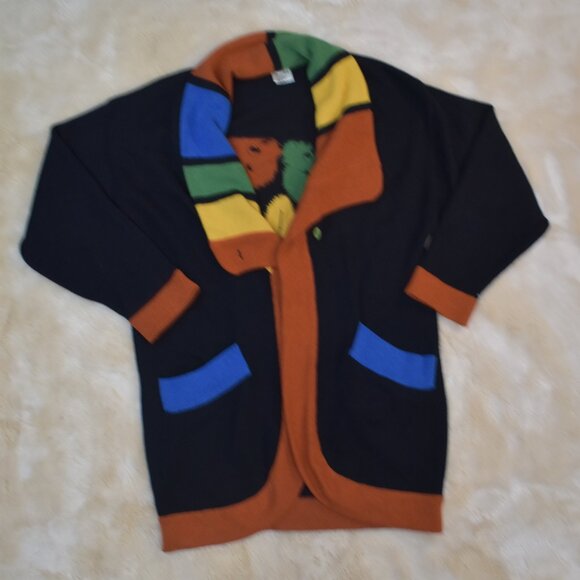 VTG CRISCA by Escada Fish Print Color Block Wool Cardigan Sweater Sz Large Rare - Picture 7 of 16